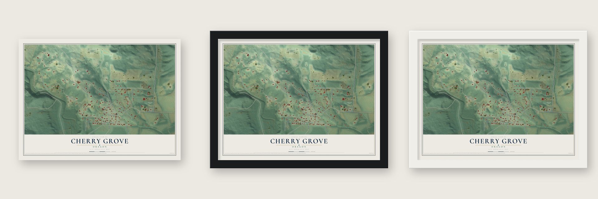 Cherry Grove, Oregon map unframed, in a black wood frame and in a white wood frame