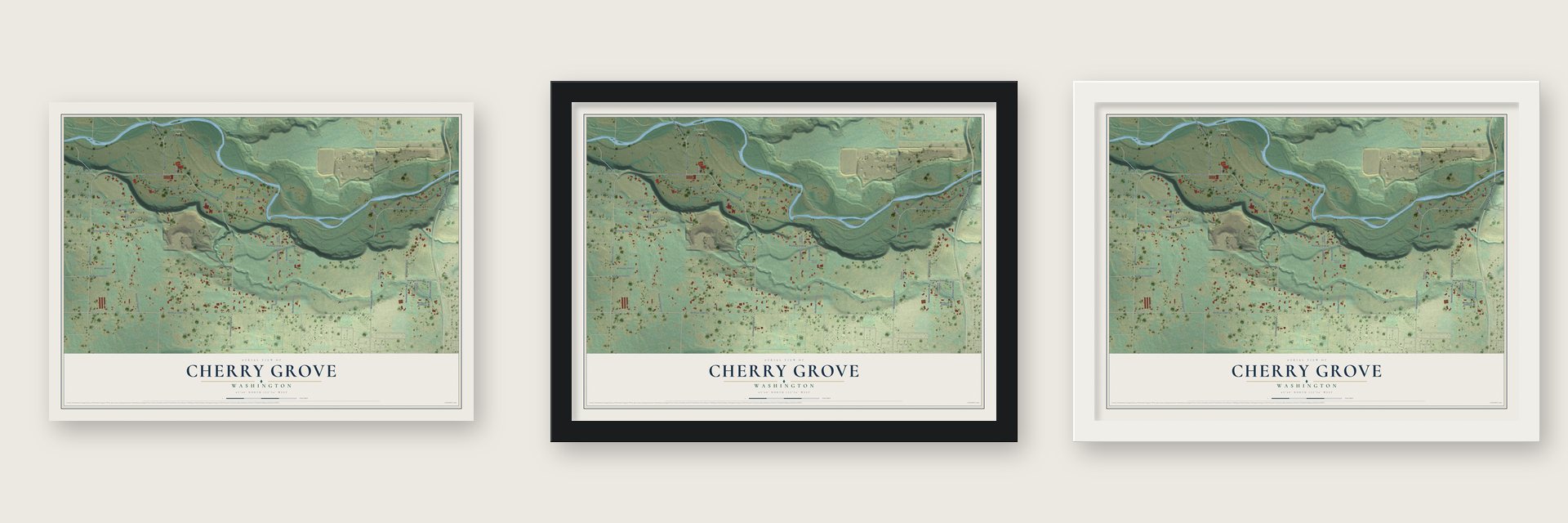 Cherry Grove, Washington map unframed, in a black wood frame and in a white wood frame