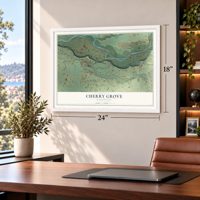 Cherry Grove, Washington map, 18 x 24 inch print in a white frame in a home office