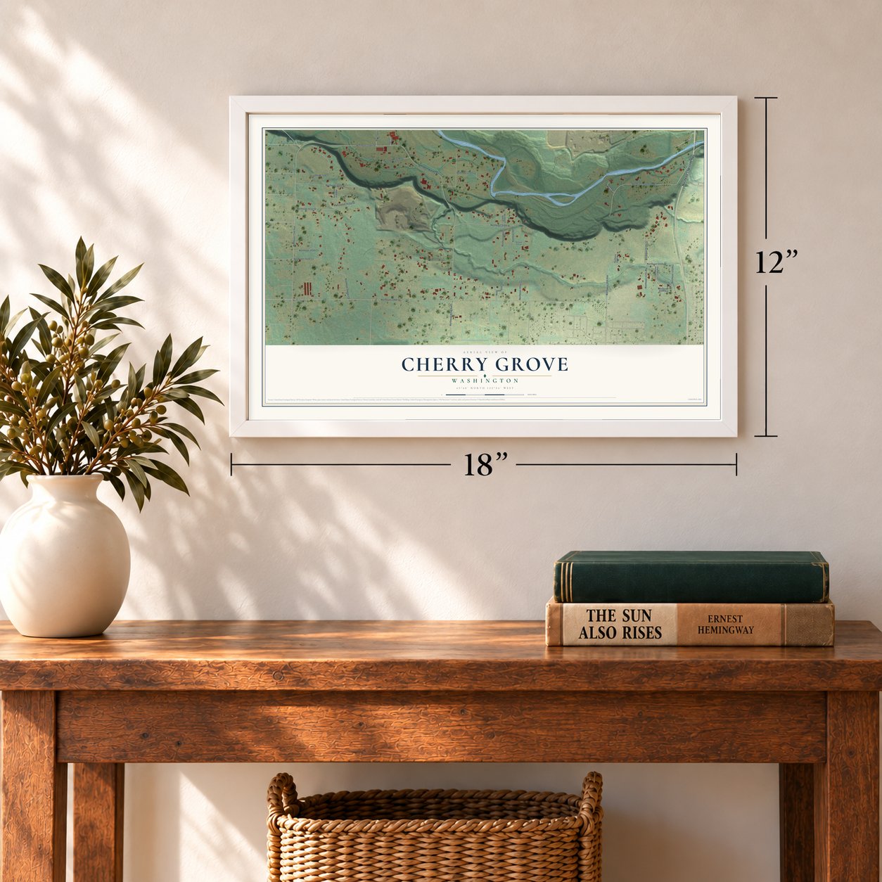 Cherry Grove, Washington map, 12 x 18 inch print in a white frame in an entryway