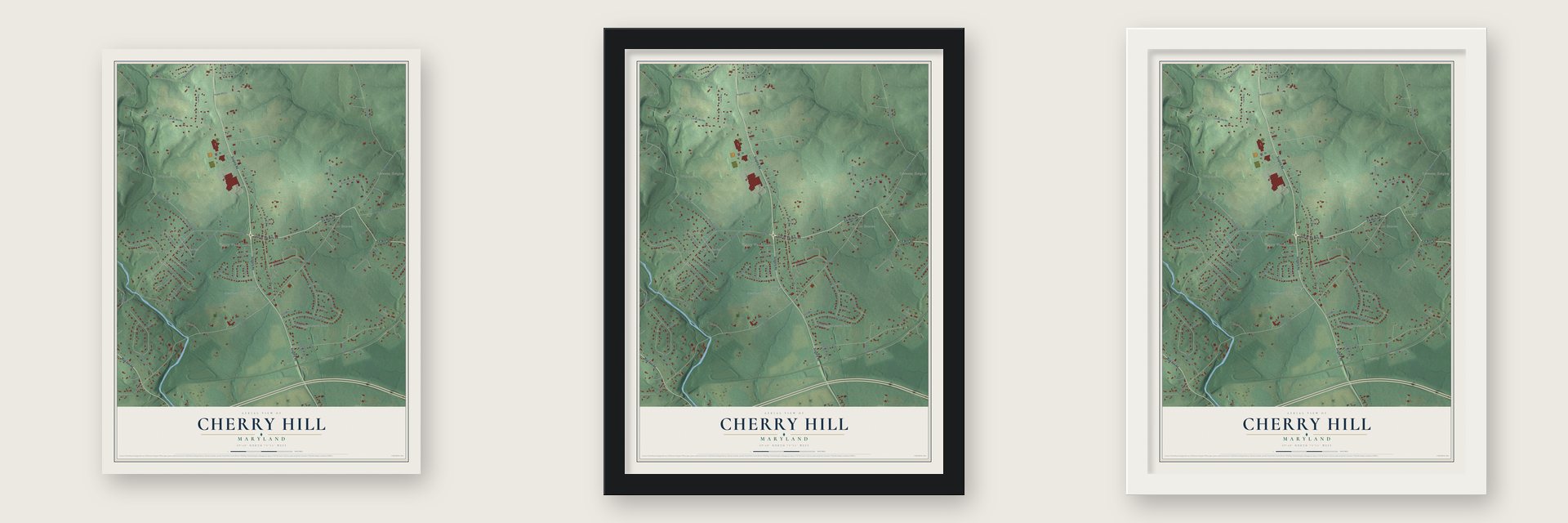 Cherry Hill, Cecil County, Maryland map unframed, in a black wood frame and in a white wood frame