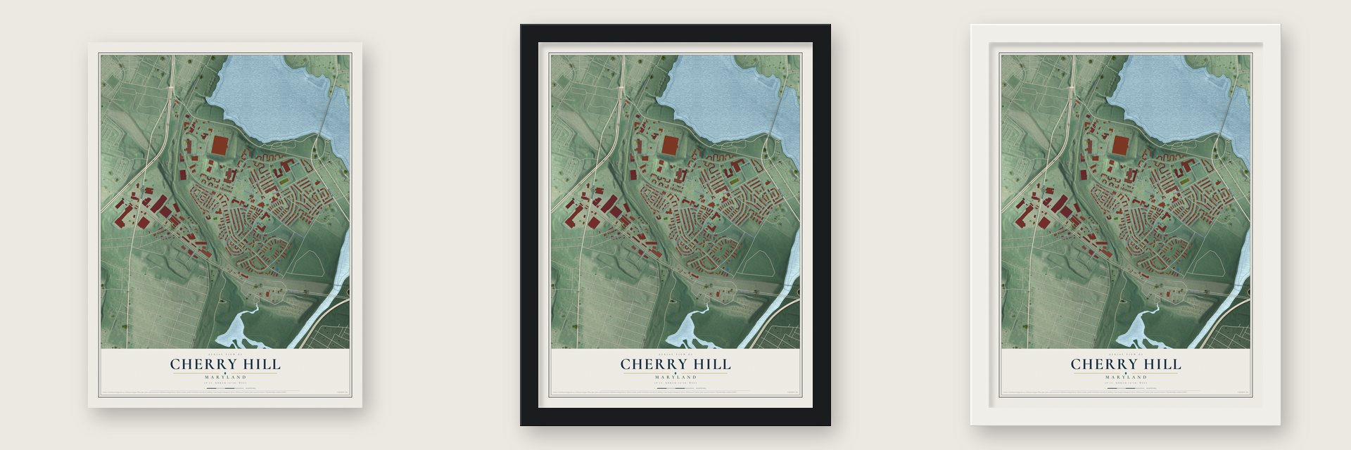 Cherry Hill, Maryland map unframed, in a black wood frame and in a white wood frame