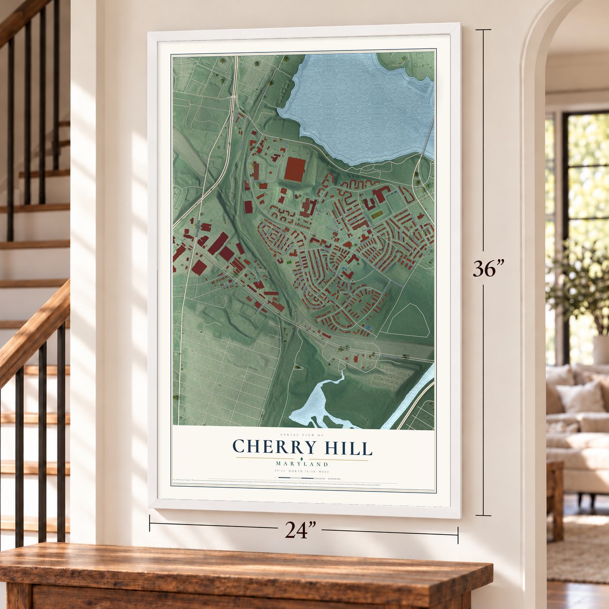 Cherry Hill, Maryland map, 24 x 36 inch print in a white frame by a staircase