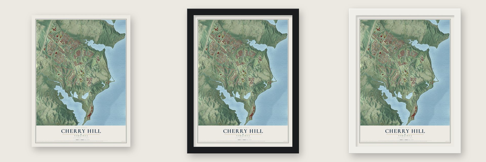 Cherry Hill, Virginia map unframed, in a black wood frame and in a white wood frame