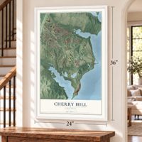 Cherry Hill, Virginia map, 24 x 36 inch print in a white frame by a staircase