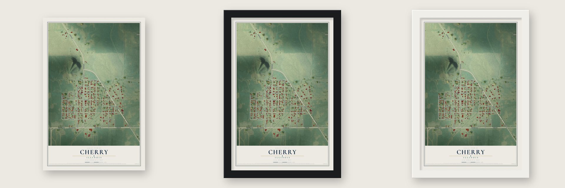 Cherry, Illinois map unframed, in a black wood frame and in a white wood frame