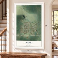 Cherry, Illinois map, 24 x 36 inch print in a white frame by a staircase
