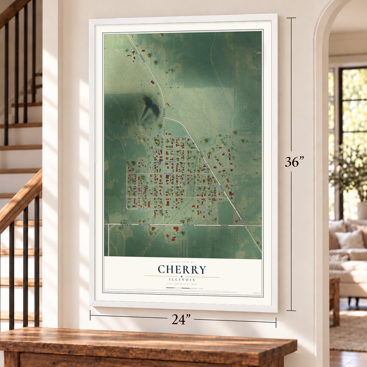 Cherry, Illinois map, 24 x 36 inch print in a white frame by a staircase