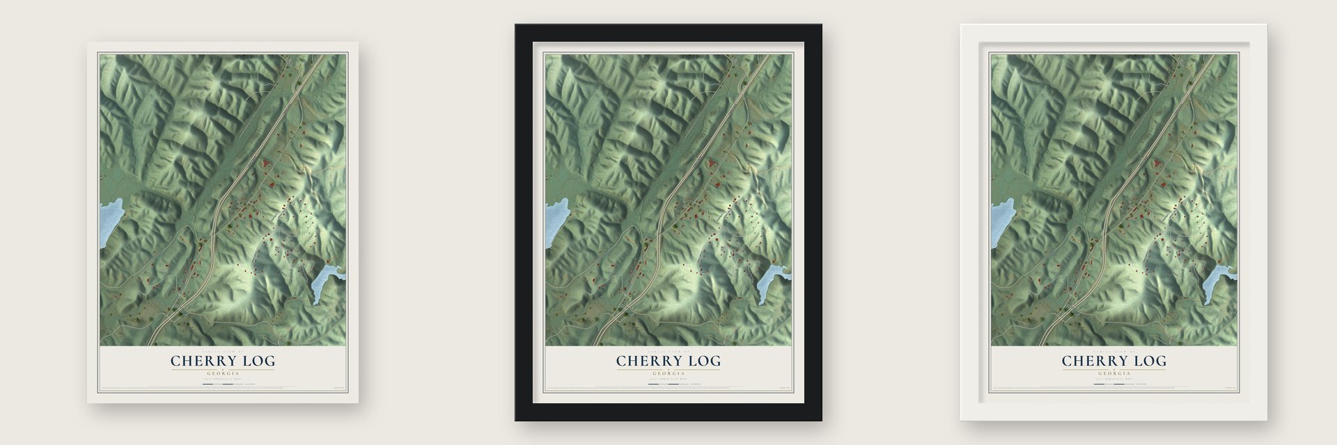 Cherry Log, Georgia map unframed, in a black wood frame and in a white wood frame