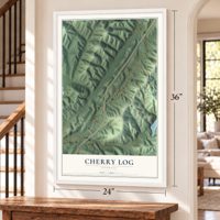 Cherry Log, Georgia map, 24 x 36 inch print in a white frame by a staircase