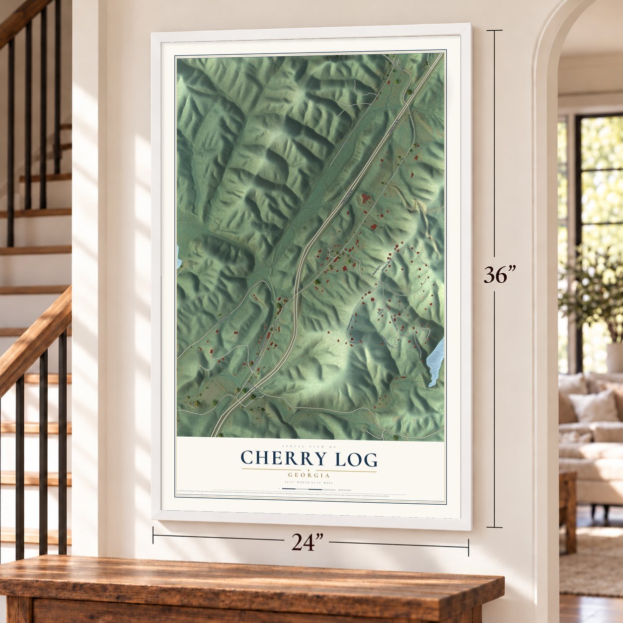 Cherry Log, Georgia map, 24 x 36 inch print in a white frame by a staircase
