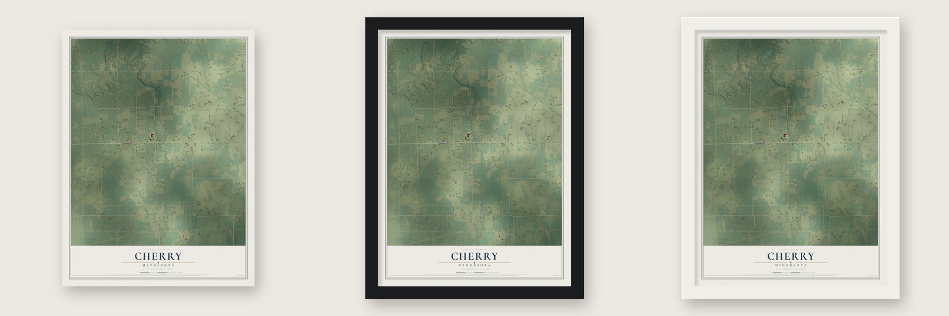 Cherry, Minnesota map unframed, in a black wood frame and in a white wood frame