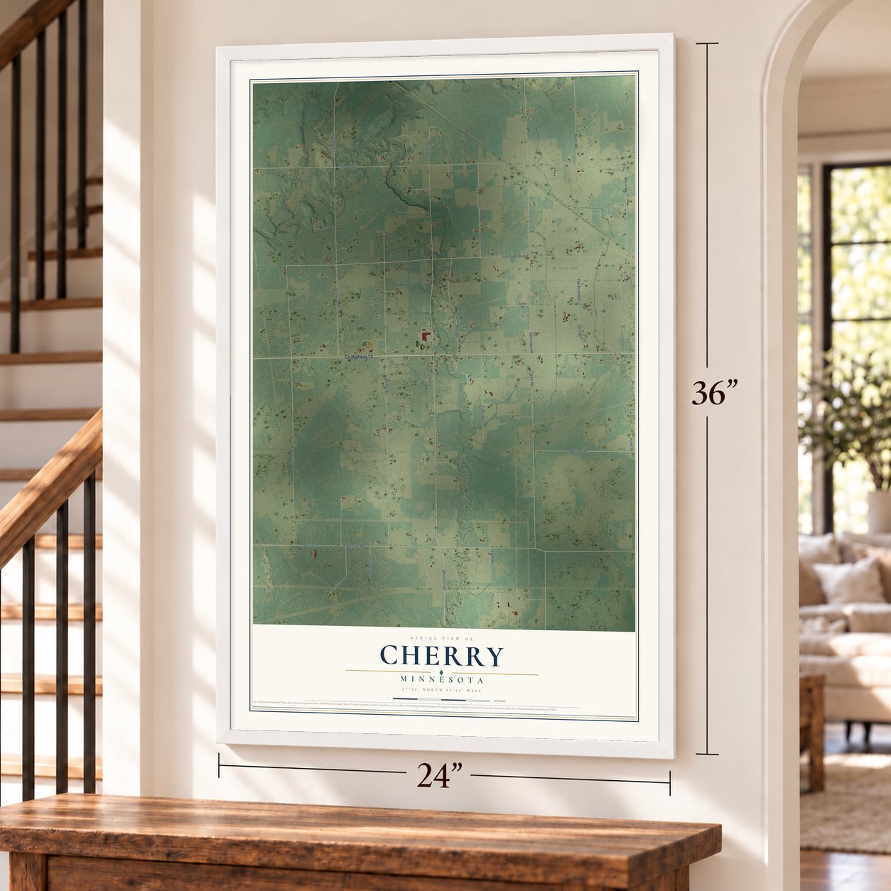 Cherry, Minnesota map, 24 x 36 inch print in a white frame by a staircase