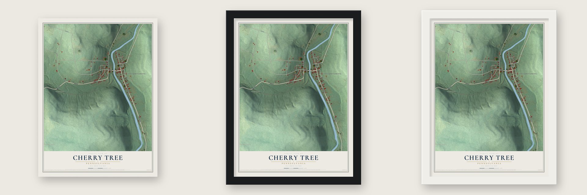 Cherry Tree, Pennsylvania map unframed, in a black wood frame and in a white wood frame