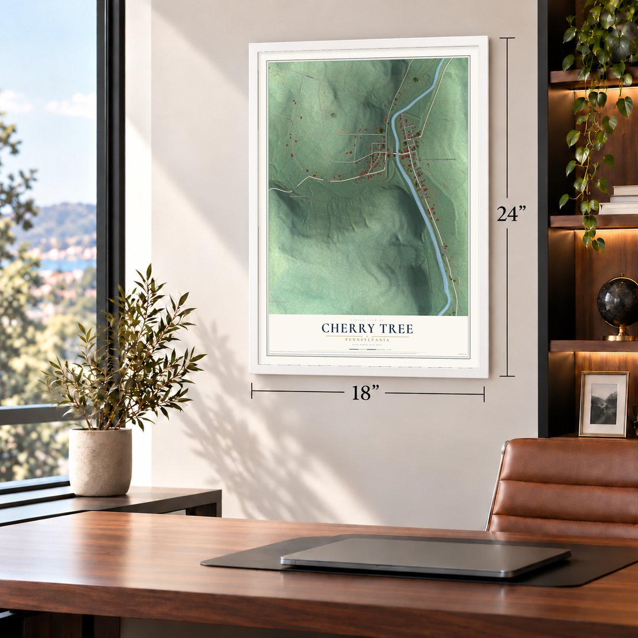 Cherry Tree, Pennsylvania map, 18 x 24 inch print in a white frame in a home office
