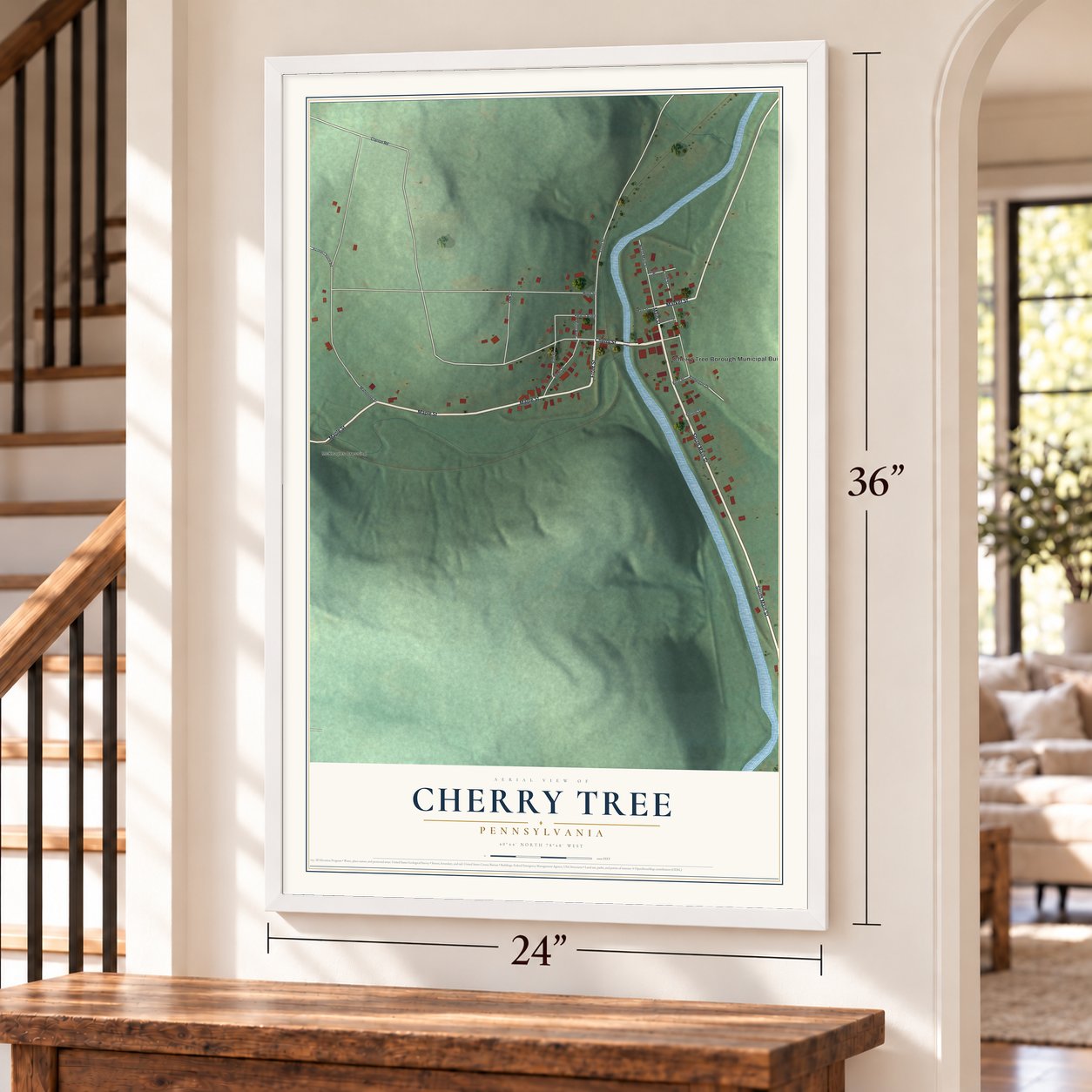 Cherry Tree, Pennsylvania map, 24 x 36 inch print in a white frame by a staircase