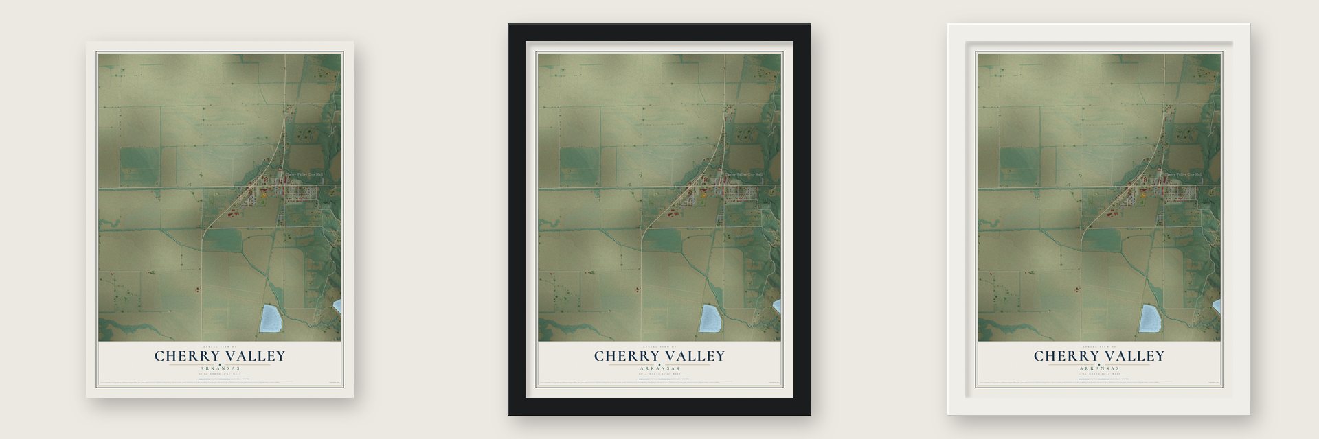 Cherry Valley, Arkansas map unframed, in a black wood frame and in a white wood frame
