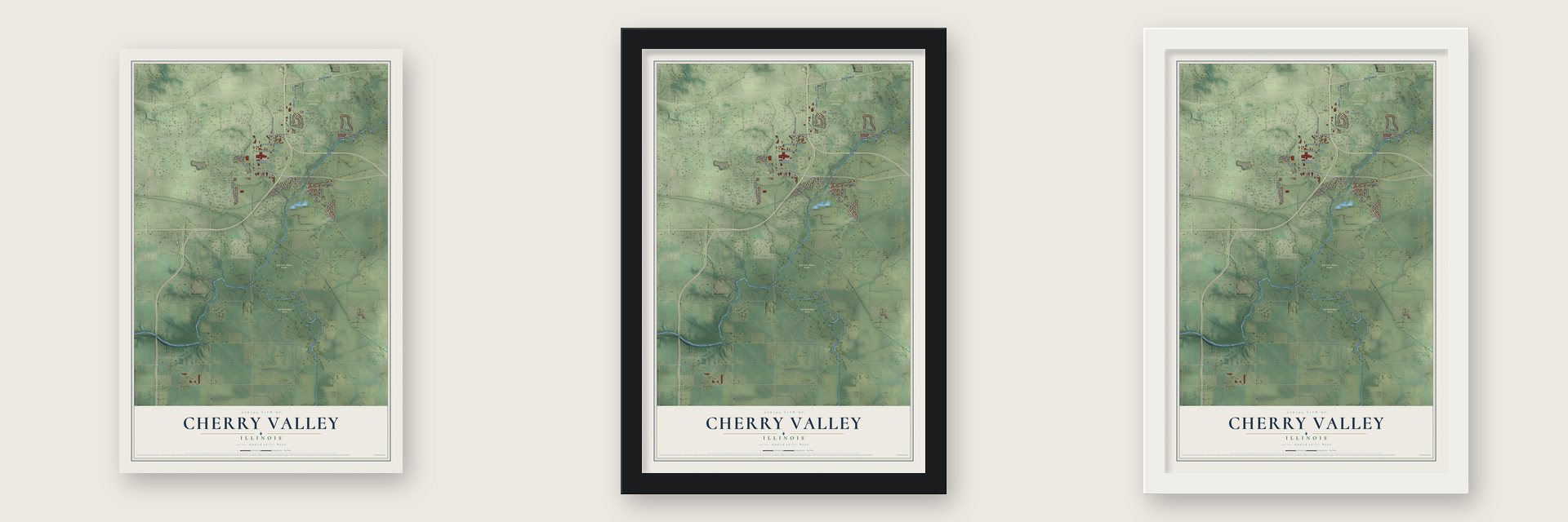 Cherry Valley, Illinois map unframed, in a black wood frame and in a white wood frame