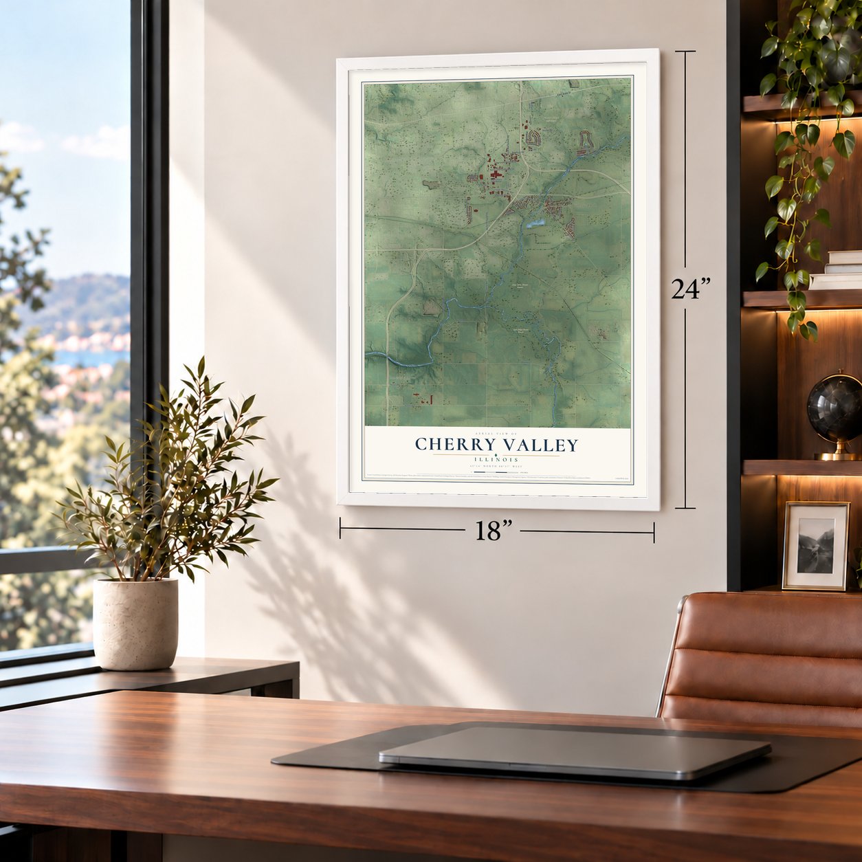 Cherry Valley, Illinois map, 18 x 24 inch print in a white frame in a home office