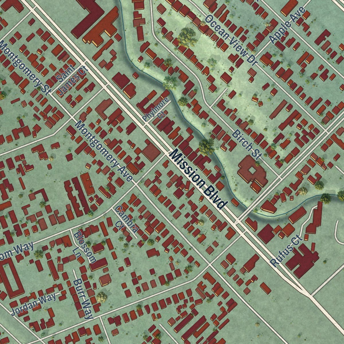 Second close-up of the map of Cherryland, California print showing more streets and buildings