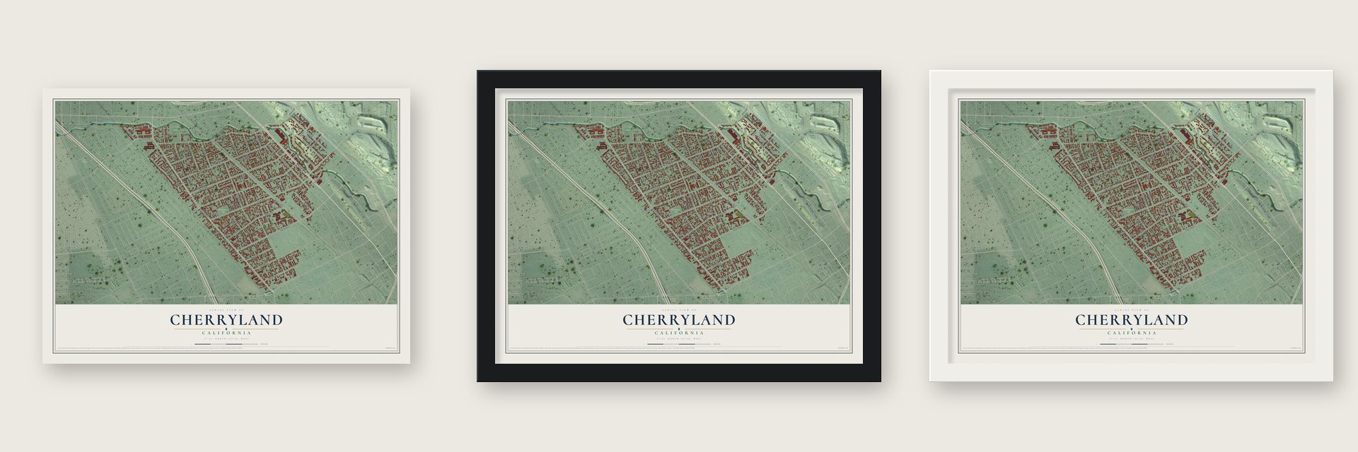 Cherryland, California map unframed, in a black wood frame and in a white wood frame