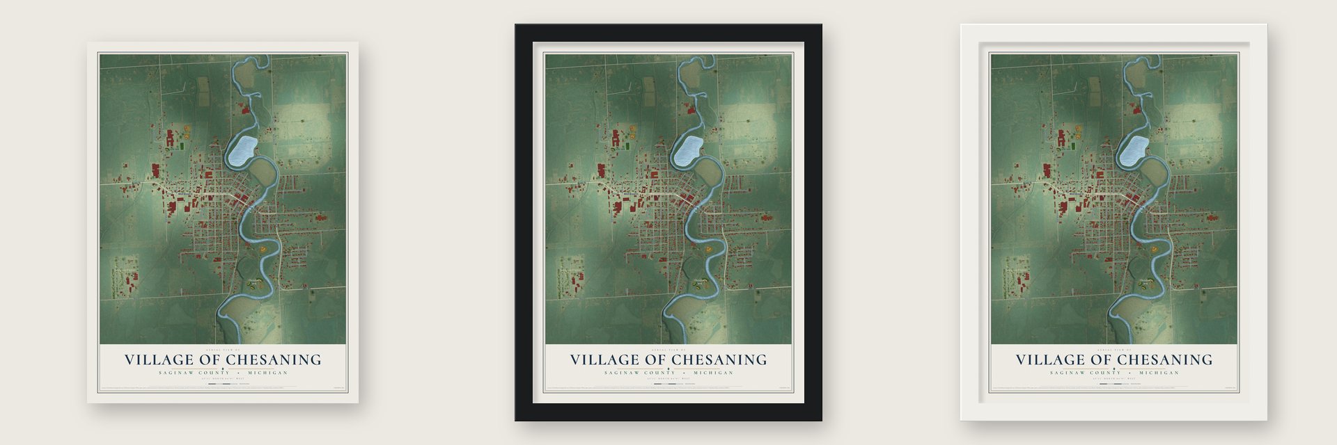 Chesaning, Michigan map unframed, in a black wood frame and in a white wood frame