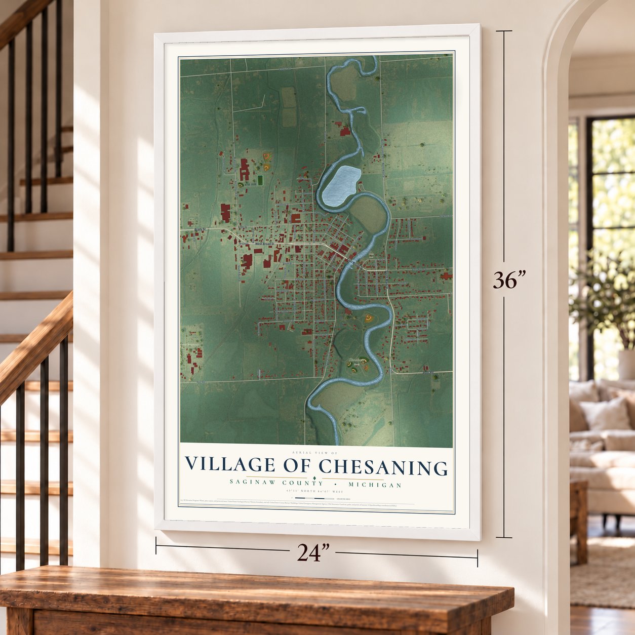 Chesaning, Michigan map, 24 x 36 inch print in a white frame by a staircase