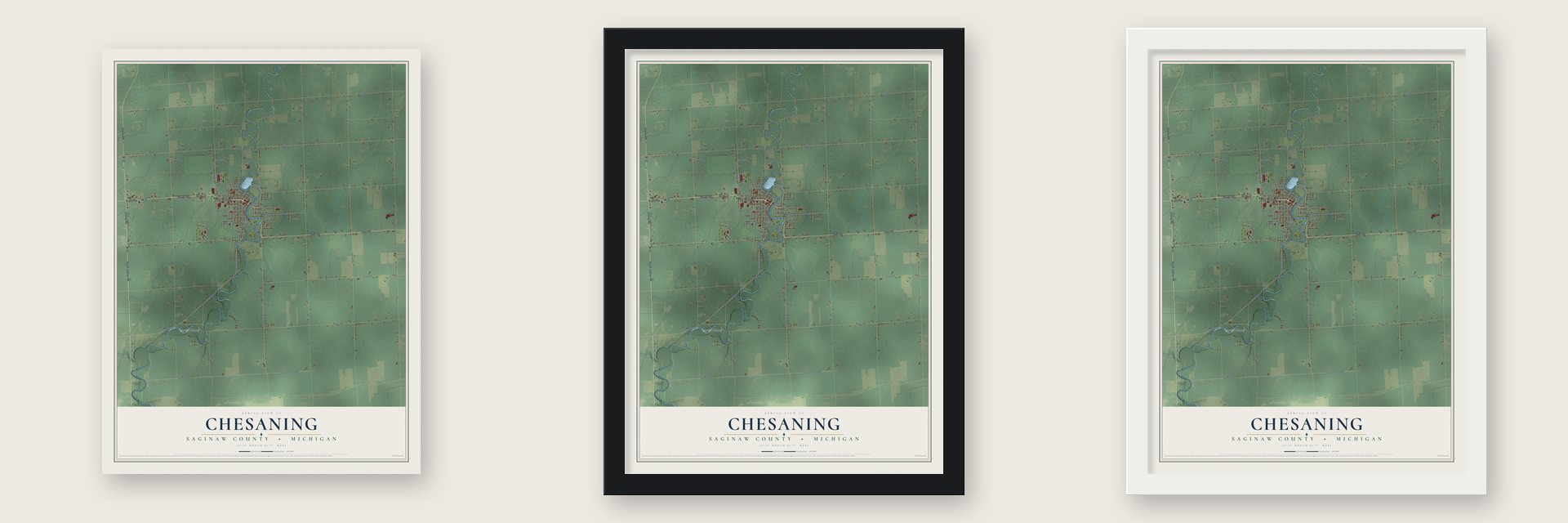 Chesaning, Saginaw County, Michigan map unframed, in a black wood frame and in a white wood frame