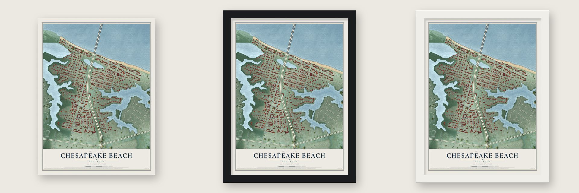 Chesapeake Beach, Virginia map unframed, in a black wood frame and in a white wood frame
