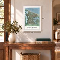 Chesapeake Beach, Virginia map, 12 x 18 inch print in a white frame in an entryway