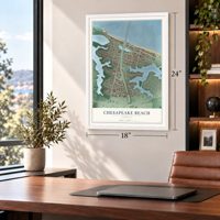 Chesapeake Beach, Virginia map, 18 x 24 inch print in a white frame in a home office
