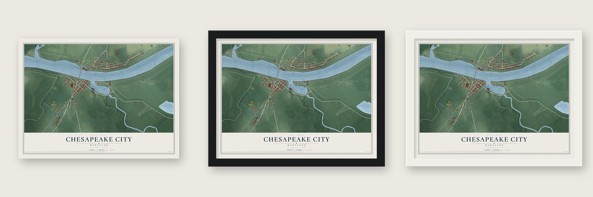 Chesapeake City, Maryland map unframed, in a black wood frame and in a white wood frame