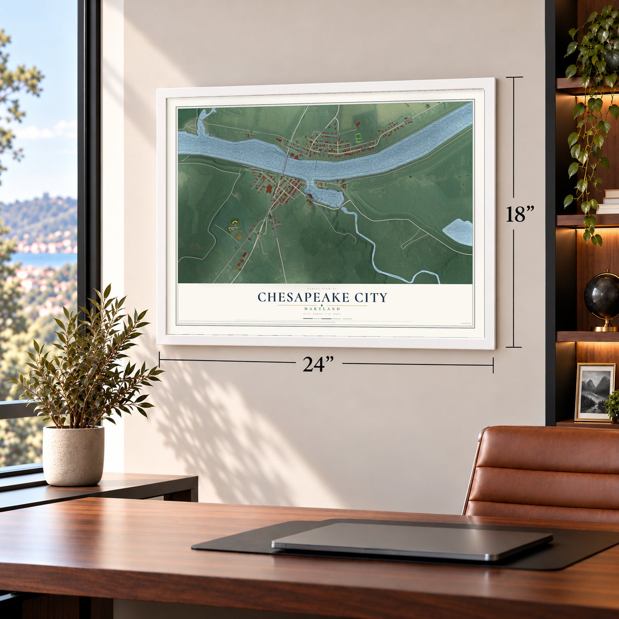 Chesapeake City, Maryland map, 18 x 24 inch print in a white frame in a home office