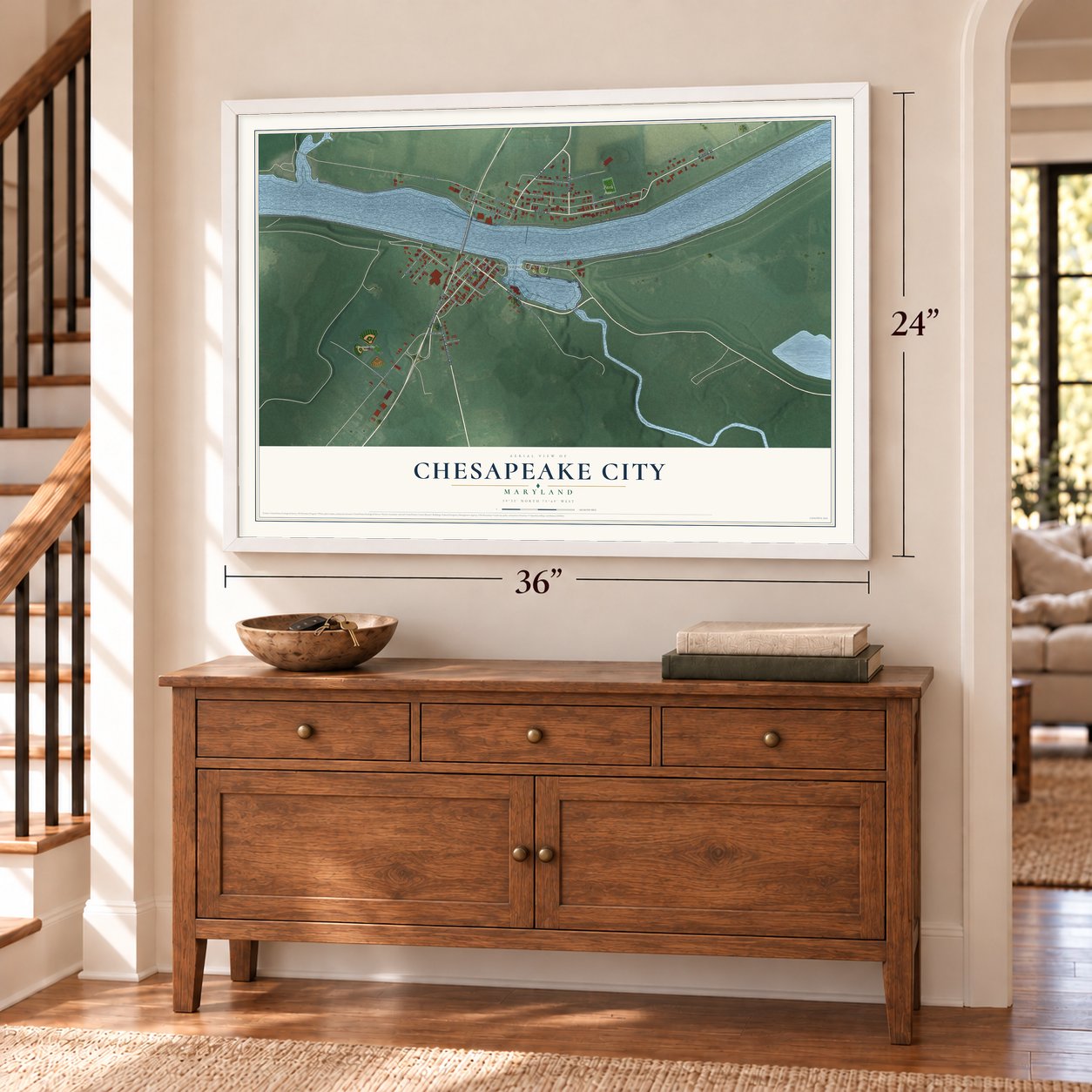 Chesapeake City, Maryland map, 24 x 36 inch print in a white frame above a dresser by a staircase