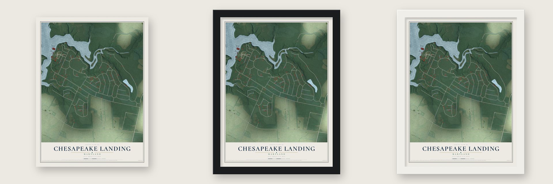 Chesapeake Landing, Maryland map unframed, in a black wood frame and in a white wood frame