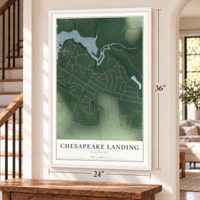 Chesapeake Landing, Maryland map, 24 x 36 inch print in a white frame by a staircase