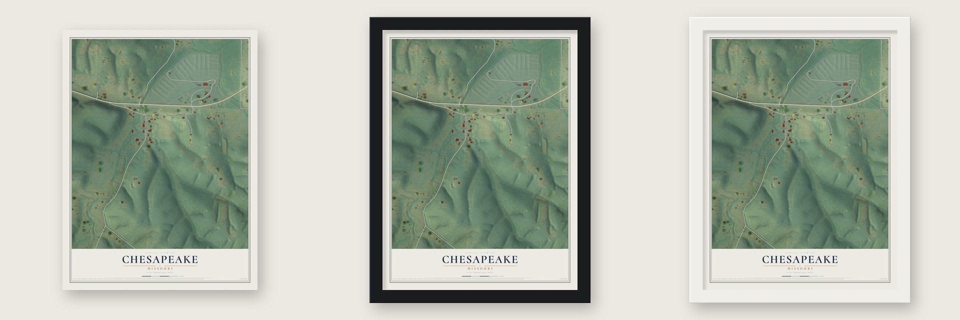 Chesapeake, Missouri map unframed, in a black wood frame and in a white wood frame