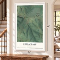 Chesapeake, Missouri map, 24 x 36 inch print in a white frame by a staircase