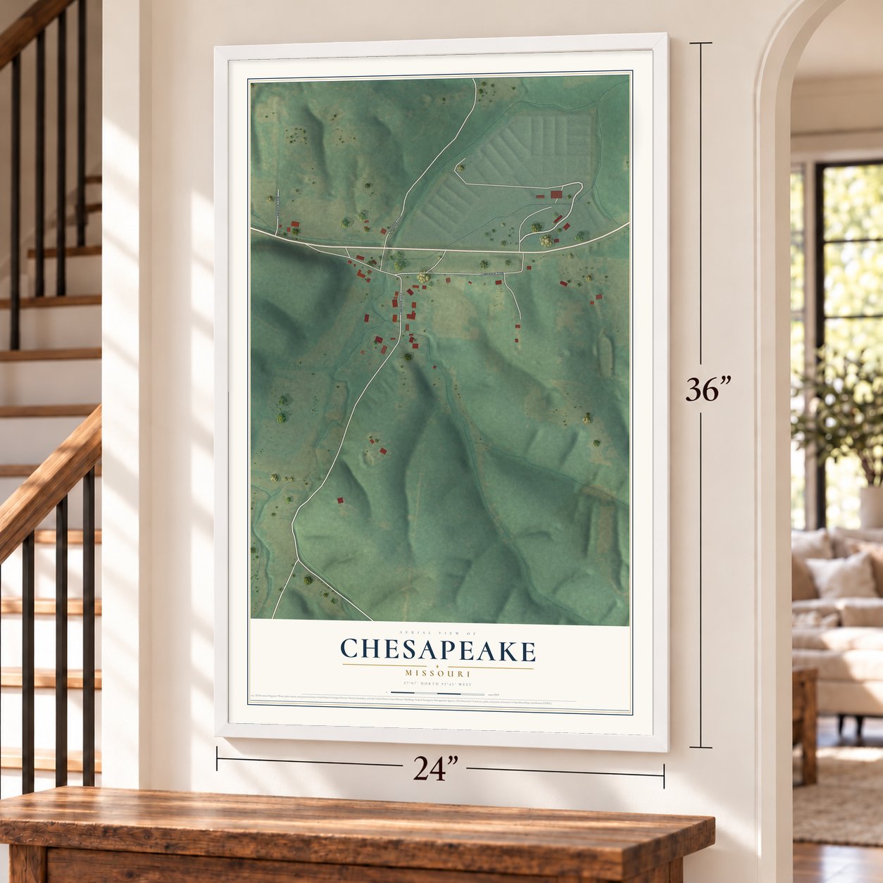 Chesapeake, Missouri map, 24 x 36 inch print in a white frame by a staircase