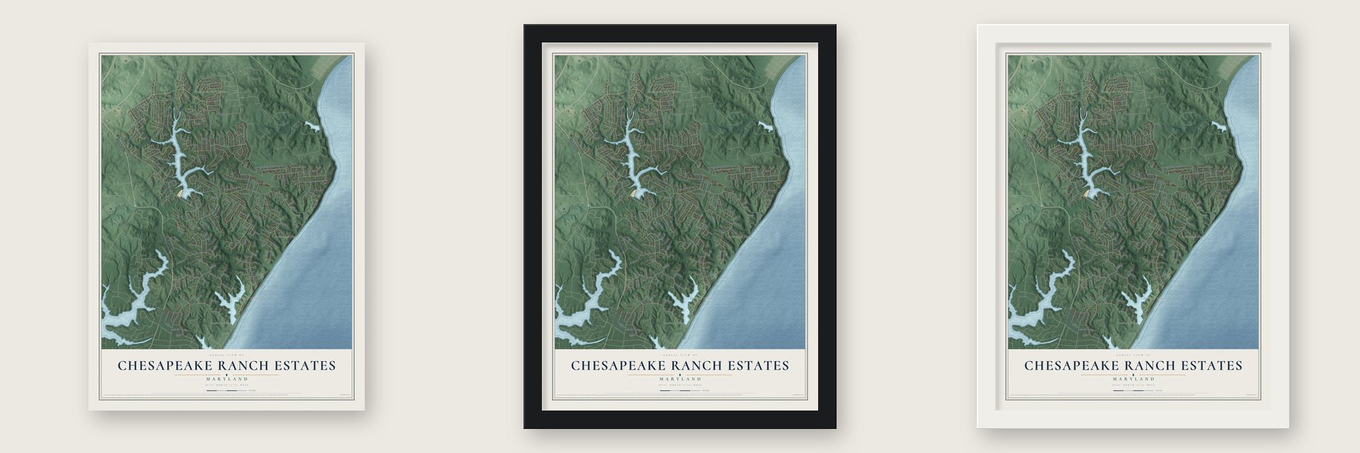 Chesapeake Ranch Estates, Maryland map unframed, in a black wood frame and in a white wood frame