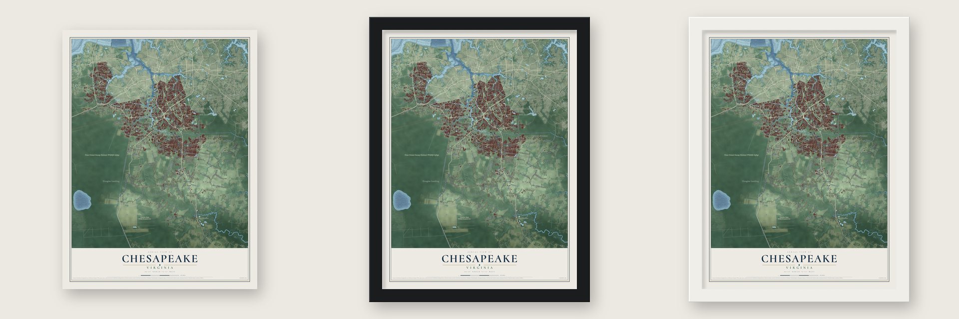 Chesapeake, Virginia map unframed, in a black wood frame and in a white wood frame