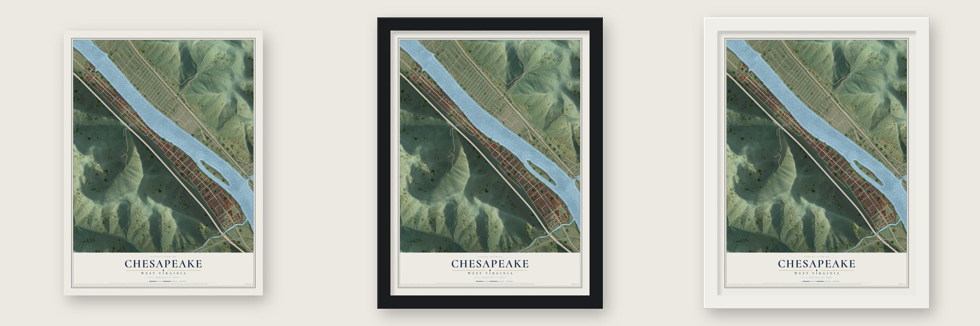 Chesapeake, West Virginia map unframed, in a black wood frame and in a white wood frame