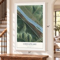 Chesapeake, West Virginia map, 24 x 36 inch print in a white frame by a staircase
