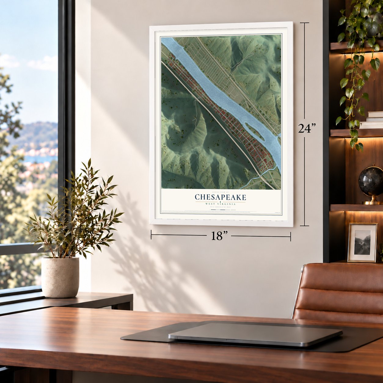 Chesapeake, West Virginia map, 18 x 24 inch print in a white frame in a home office