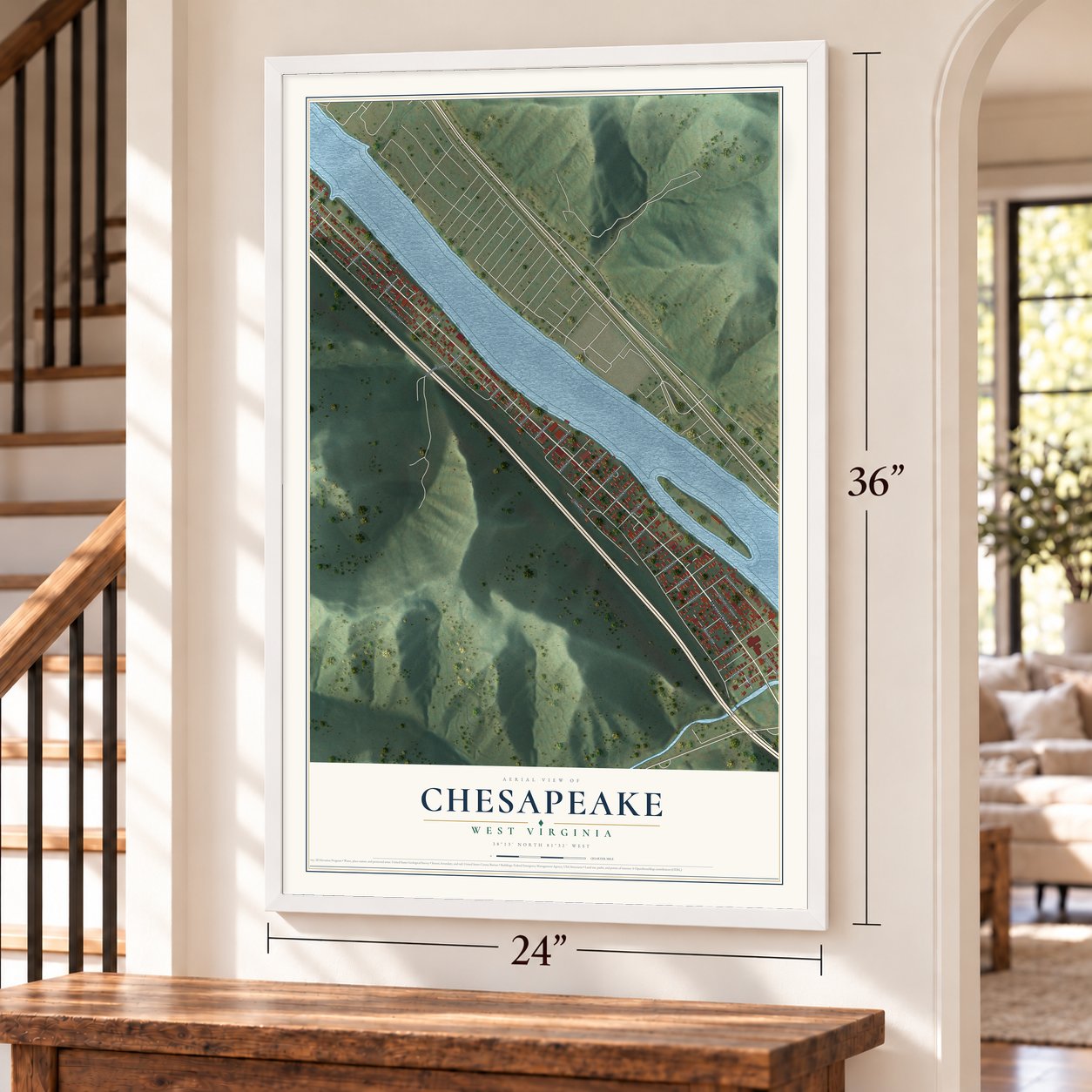 Chesapeake, West Virginia map, 24 x 36 inch print in a white frame by a staircase