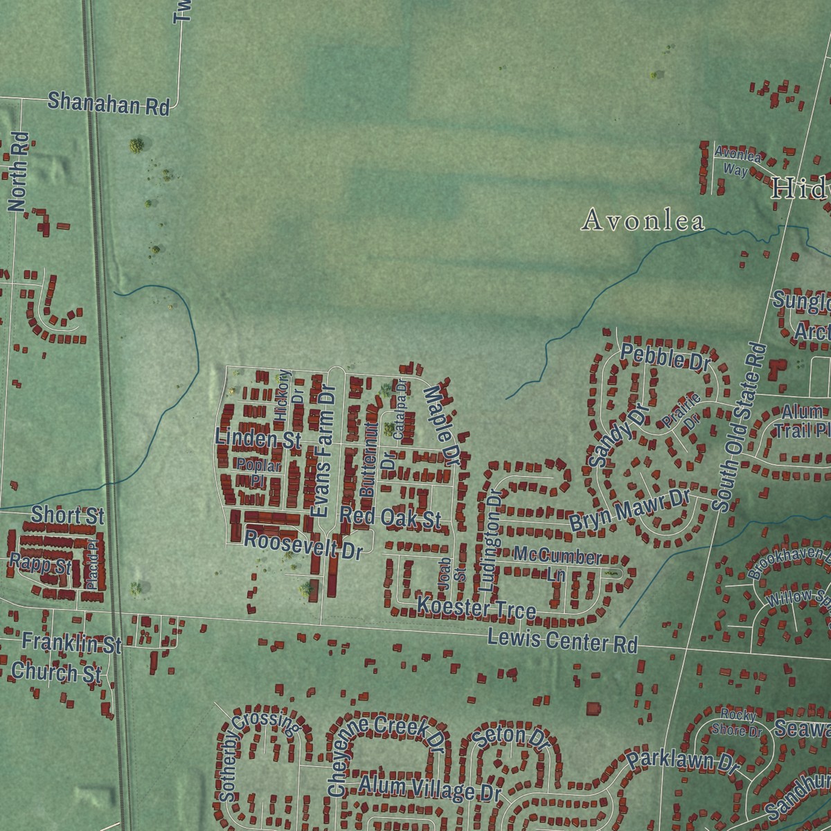 Second close-up of the map of Cheshire, Delaware County, Ohio print showing more streets and buildings