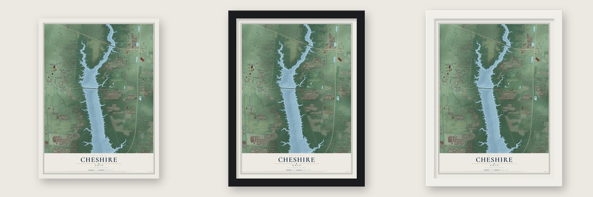 Cheshire, Delaware County, Ohio map unframed, in a black wood frame and in a white wood frame