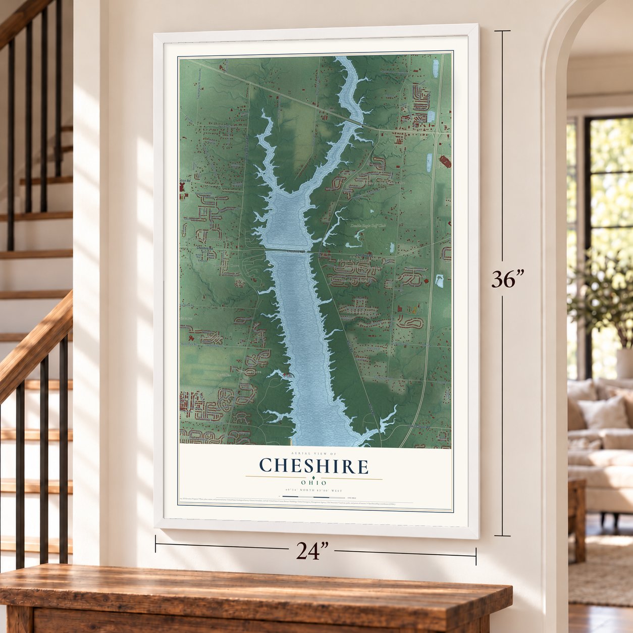 Cheshire, Delaware County, Ohio map, 24 x 36 inch print in a white frame by a staircase