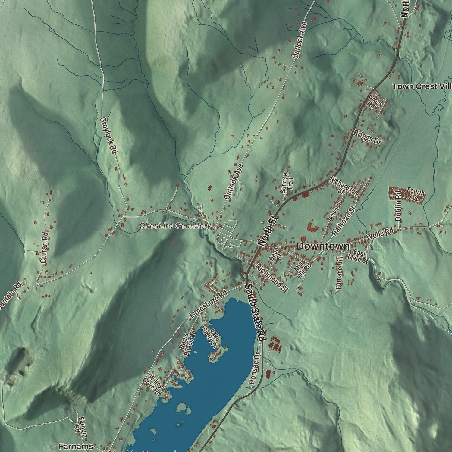 Close-up of the map of Cheshire, Massachusetts print showing terrain and local geography