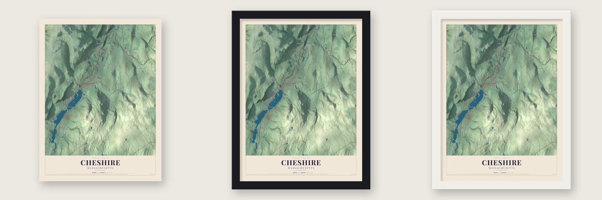 Cheshire, Massachusetts map unframed, in a black wood frame and in a white wood frame